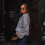 Black Lattice Plaid Oversized Shirt With Puff Sleeves