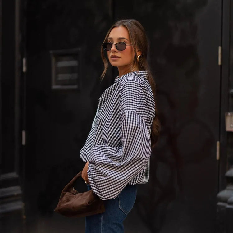 Black Lattice Plaid Oversized Shirt With Puff Sleeves