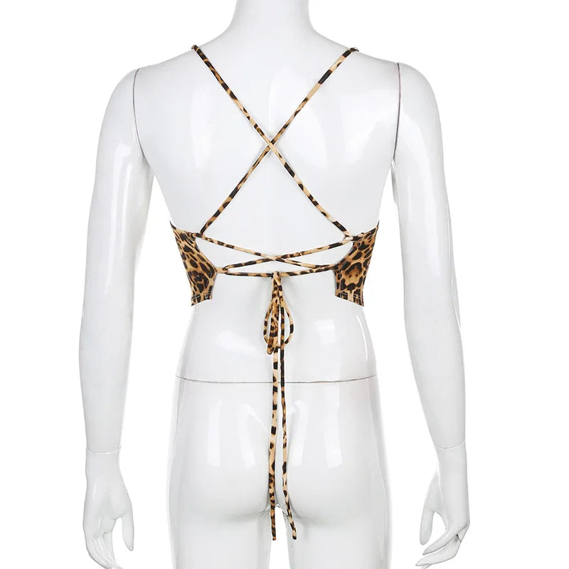 Leopard Print Backless Lace Up Bralette Crop Top