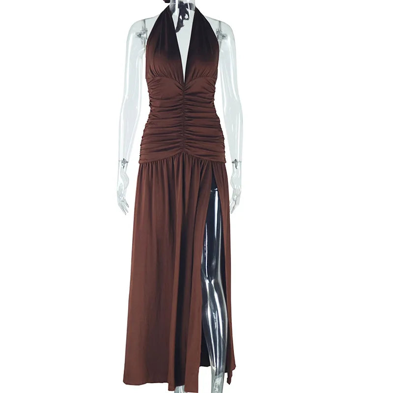 Lace Up Maxi Dress With Deep V Neck High Waist