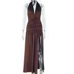 Lace Up Maxi Dress With Deep V Neck High Waist