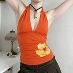 Vibrant Orange Hibiscus Halter Crop Top With Lace Insert