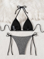 Silver Leopard Print Halter Bandage Two Piece Bikini Swimsuit