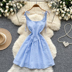 Fairycore Tunic Midi Dress With Lace Plaid Accent