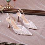 White Rhinestone Slingback Heels Women Luxury Sandals Elegant Evening Footwear Chic Boutique