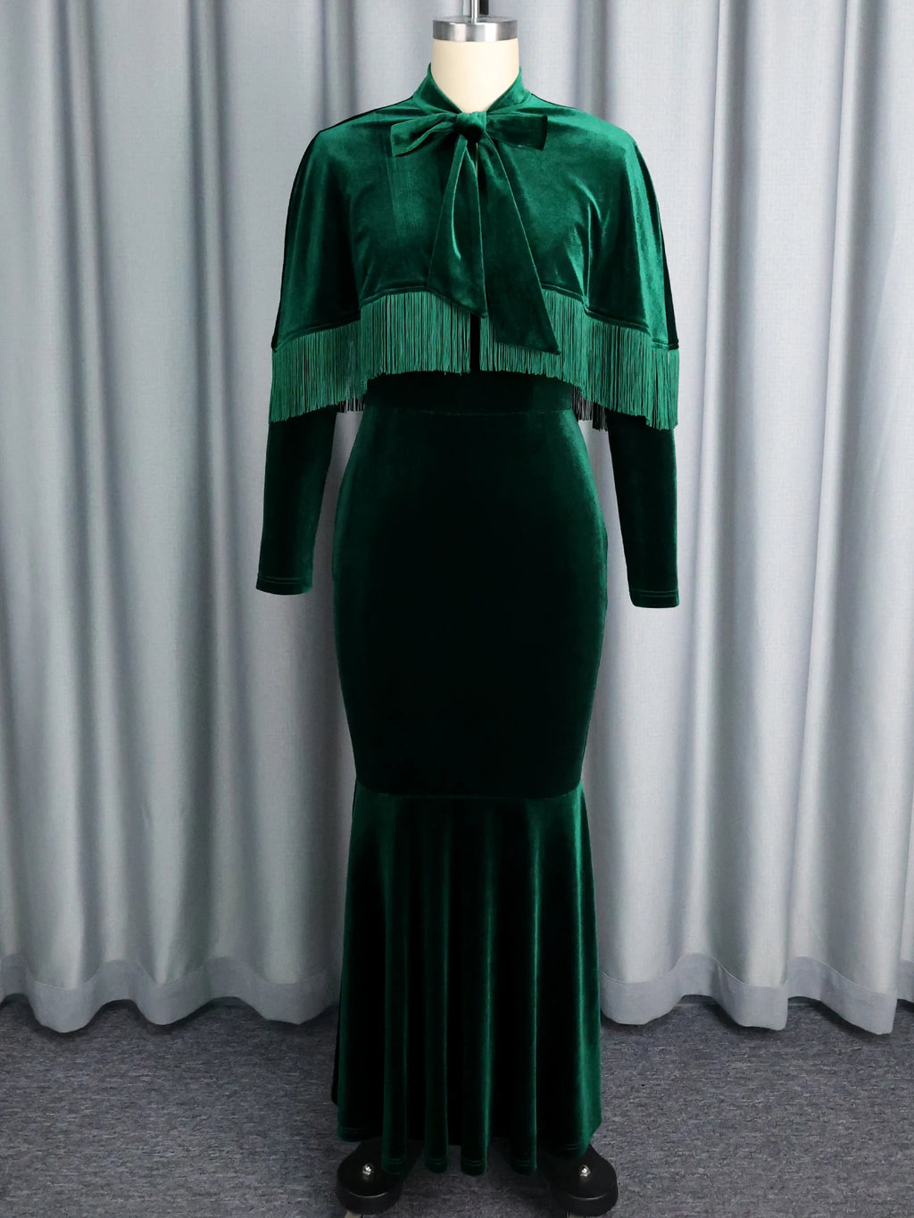 Long Sleeve Velvet Tassel Cape Evening Gown Emerald Green