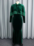 Long Sleeve Velvet Tassel Cape Evening Gown Emerald Green