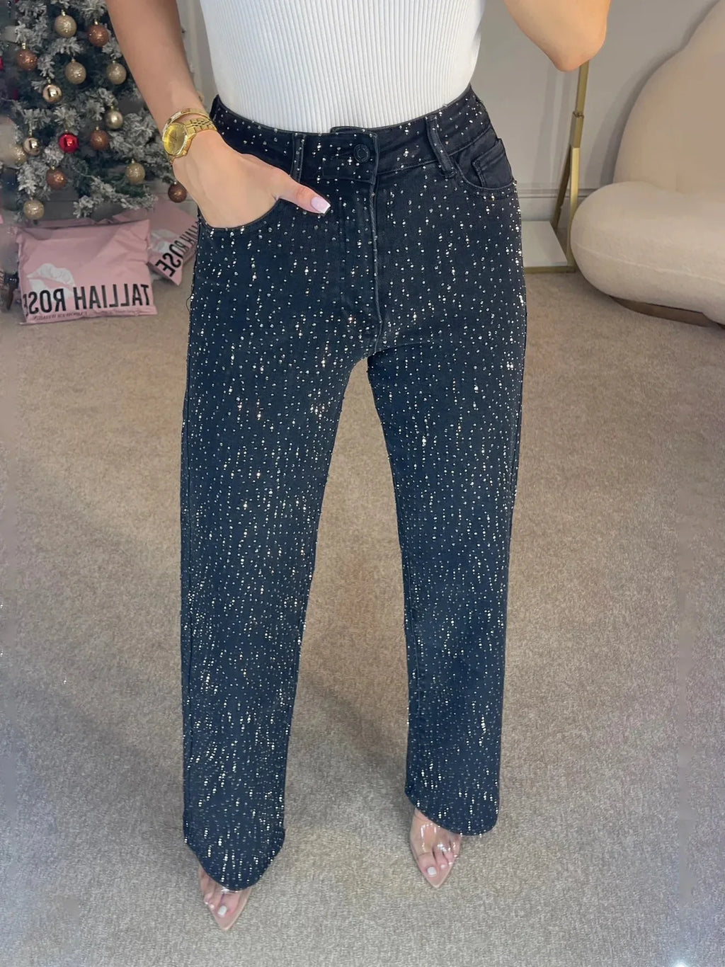Vintage Beaded Denim Pants With High Waist And Straight Leg