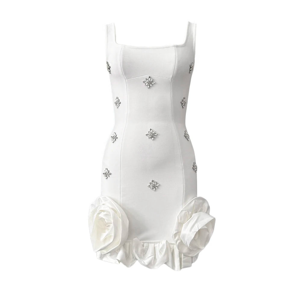 Glamorous Sleeveless Bandage Dress With Rhinestones And Ruffles For Evening Parties