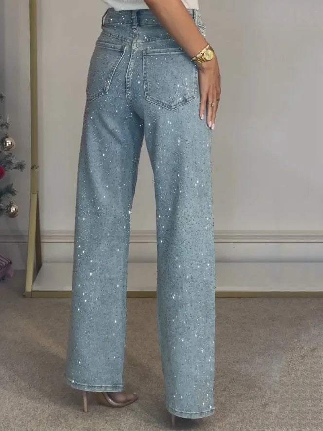 Vintage Beaded Denim Pants With High Waist And Straight Leg