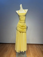 Yellow Chiffon Ruffled Halter Backless Dress