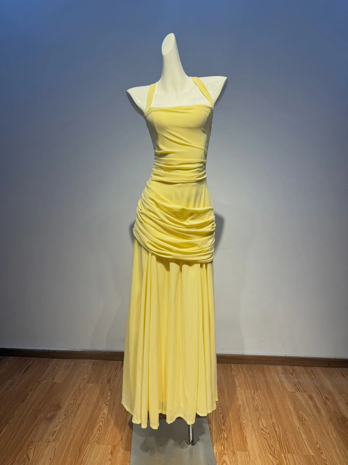 Yellow Chiffon Ruffled Halter Backless Dress