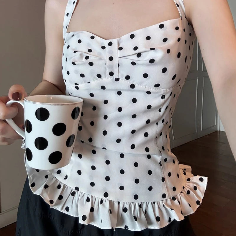 Polka Dot Princess Halter Tank With Ruffles Bust-Enhancing Backless Top Tie-Waist Charm