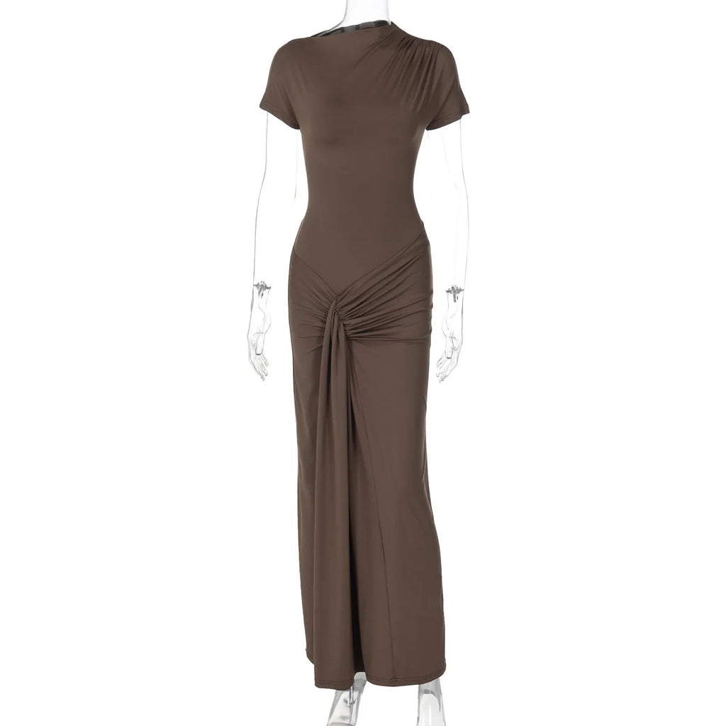 Vintage Short Sleeve Pleated Maxi  High Waist O-Neck Dress