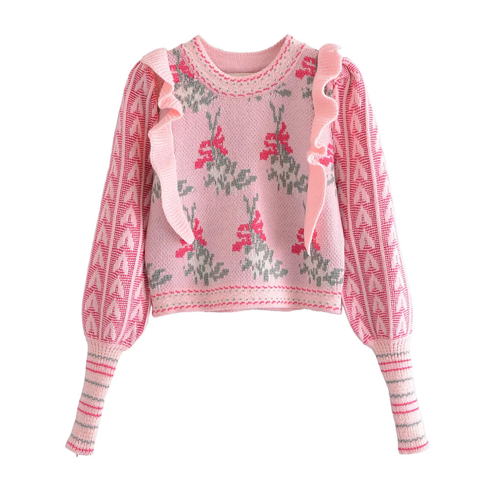 Front Wood Ears Ruffles Jacquard Cropped Sweater Vintage O neck Puff Sleeve Pullovers Short Jumper Knitwear