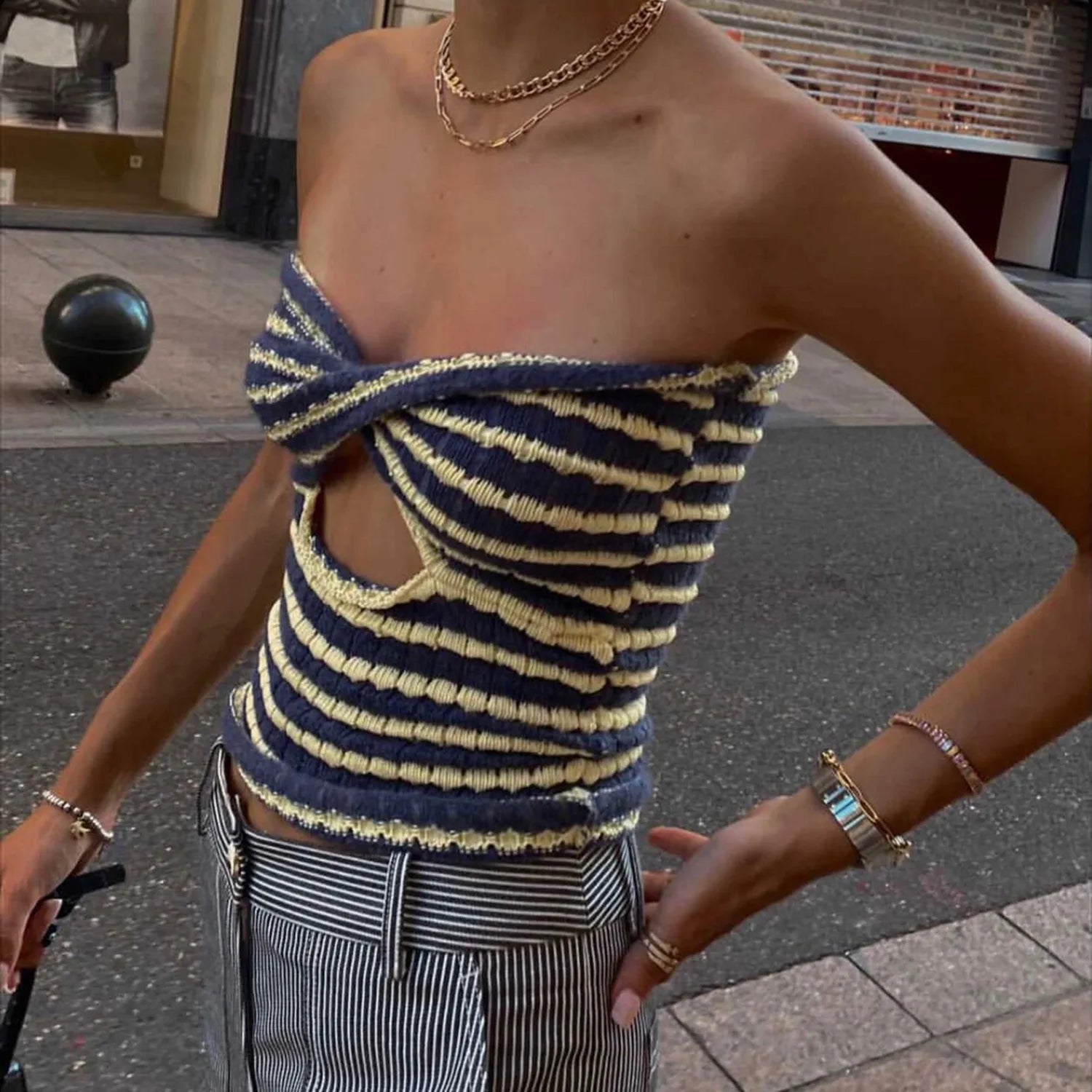 Off Shoulder Knit Tube Top With Stripe Backless Bustier Cropped