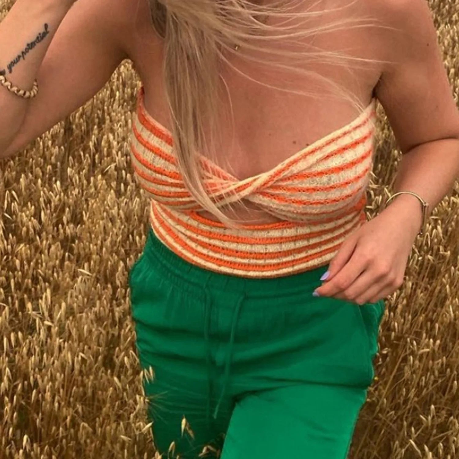 Off Shoulder Knit Tube Top With Stripe Backless Bustier Cropped