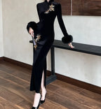 Velvet Cheongsam Dress With Embroidered Detailing And Fox Fur Trim In Gold Glow