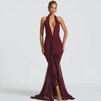 Elegant Mesh Stitching V-Neck Halter Backless Pencil Dress