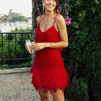 Elegant Tassel Sequins Feather Mini Dress Spaghetti Strap