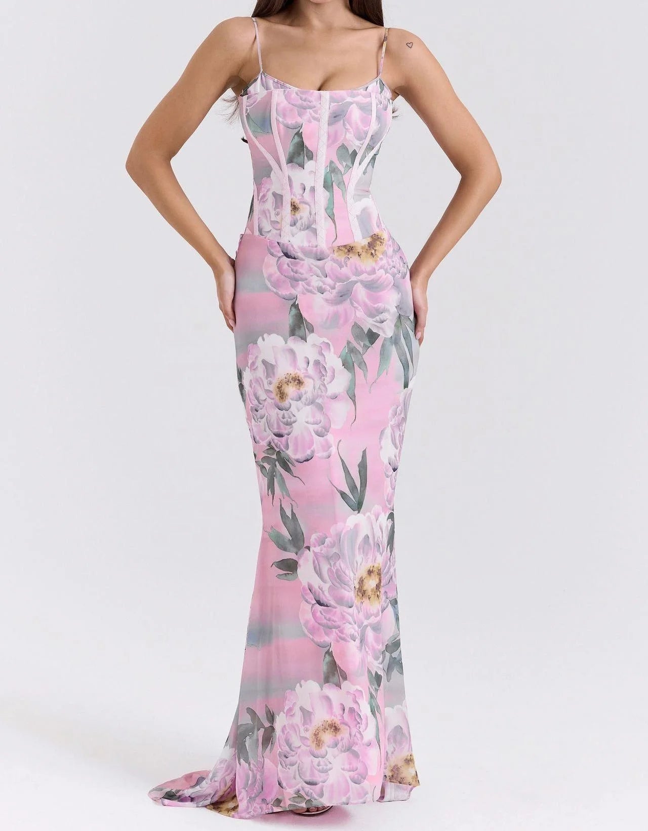Dreamy Vintage Chiffon Sleeveless Floor Length Dress With Floral Print
