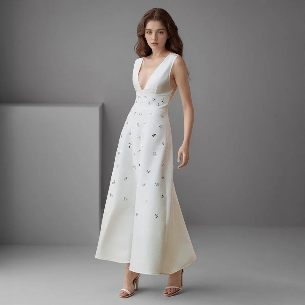 Elegant Ball Gown Dress Evening Wear V Neck Natural Waist Beaded Diamond Embellishments