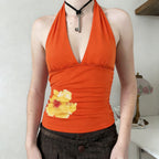 Vibrant Orange Hibiscus Halter Crop Top With Lace Insert