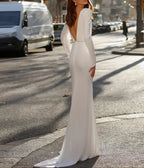 Romantic Deep V Lace Backless Mermaid Wedding Dress With Chiffon Long Sleeves And Slit