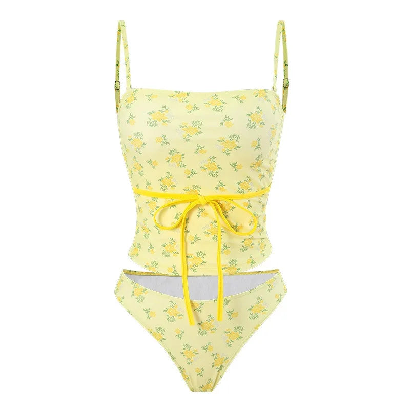 Retro Tie Dye Tube Top Bikini Set With Floral Back Split For Sunny Summer Beach Vibes
