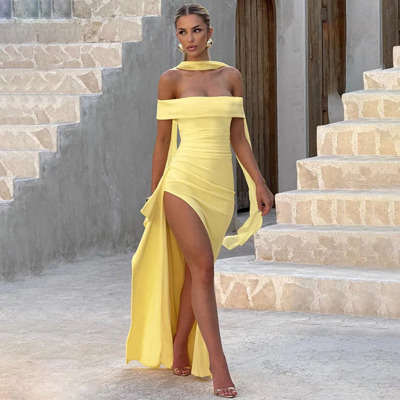 Yellow Off-the-Shoulder Side Split Maxi Bodycon Dress