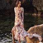 Floral Print Maxi Dress With V Neck And Split Hem Long Sleeve Beach Party Evening Wear