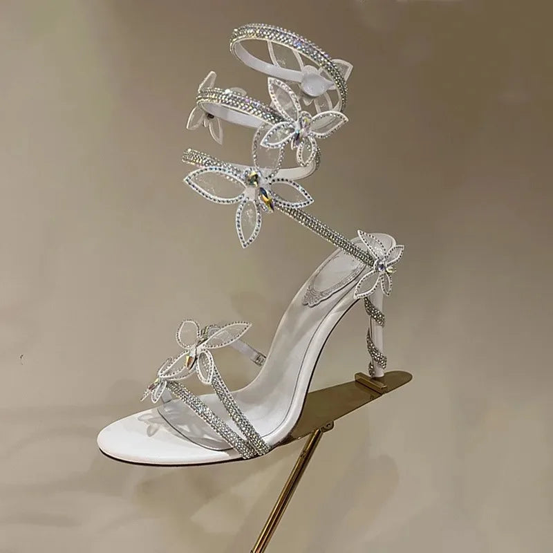Crystal Butterfly-Knot Ankle Strap Sandals Open Toe Stiletto Heels