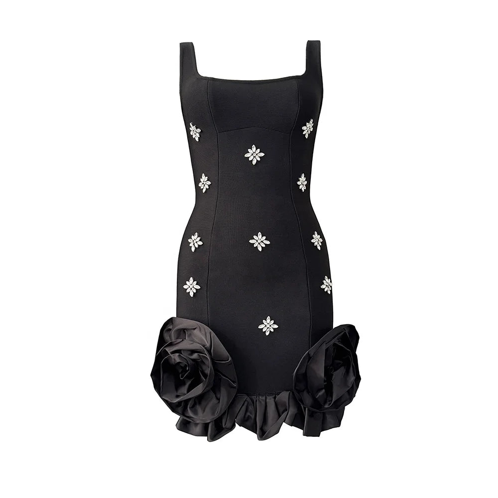 Glamorous Sleeveless Bandage Dress With Rhinestones And Ruffles For Evening Parties