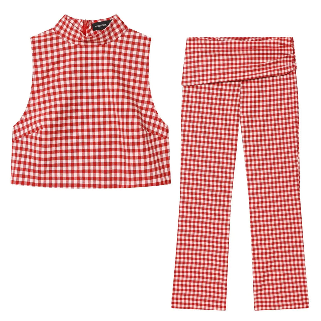 Plaid Sleeveless High-Neck Vest and Retro Mid-Waist Trousers Set in Breathable Anti-Wrinkle Fabric