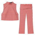Plaid Sleeveless High-Neck Vest and Retro Mid-Waist Trousers Set in Breathable Anti-Wrinkle Fabric