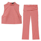 Plaid Sleeveless High-Neck Vest and Retro Mid-Waist Trousers Set in Breathable Anti-Wrinkle Fabric