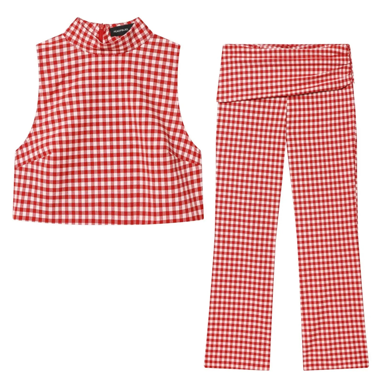 Plaid Sleeveless High-Neck Vest and Retro Mid-Waist Trousers Set in Breathable Anti-Wrinkle Fabric