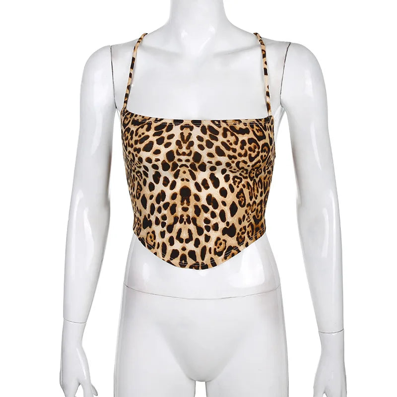 Leopard Print Backless Lace Up Bralette Crop Top
