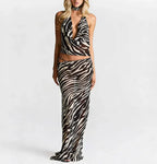 Zebra Print Two Piece Set With Deep V Neck Tank And Fitted Skirt