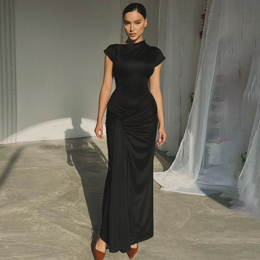 Vintage Short Sleeve Pleated Maxi  High Waist O-Neck Dress