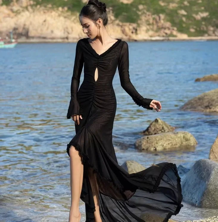 Floral Print Maxi Dress With V Neck And Split Hem Long Sleeve Beach Party Evening Wear