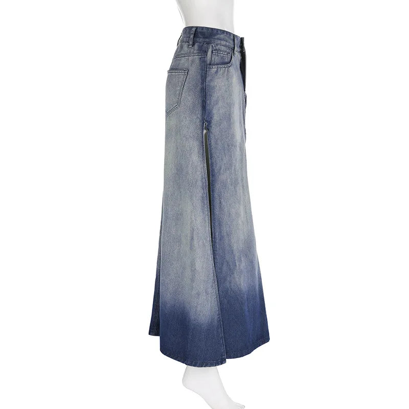 Urban Denim Skirt With Irregular Hem High Waist And Split