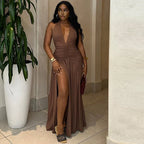 Lace Up Maxi Dress With Deep V Neck High Waist