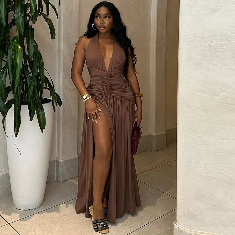 Lace Up Maxi Dress With Deep V Neck High Waist