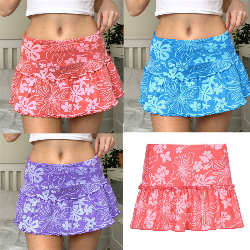 Ruffles A-Line Mini Skirt With Floral Print High Waist Frill Trim Above Knee