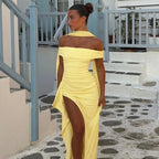 Yellow Off-the-Shoulder Side Split Maxi Bodycon Dress