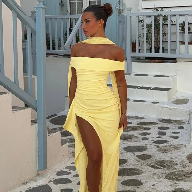 Yellow Off-the-Shoulder Side Split Maxi Bodycon Dress