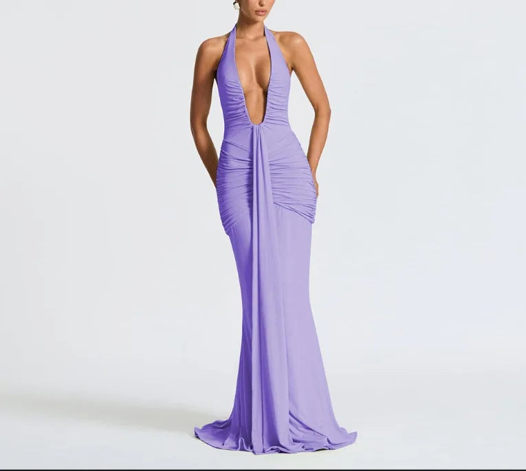 Deep V Choker Floor-Length Cashmere Dress