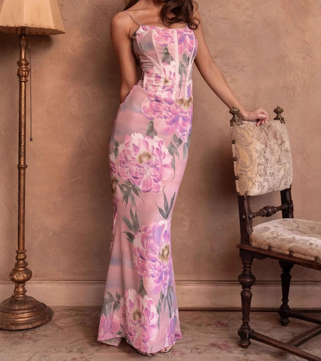 Dreamy Vintage Chiffon Sleeveless Floor Length Dress With Floral Print