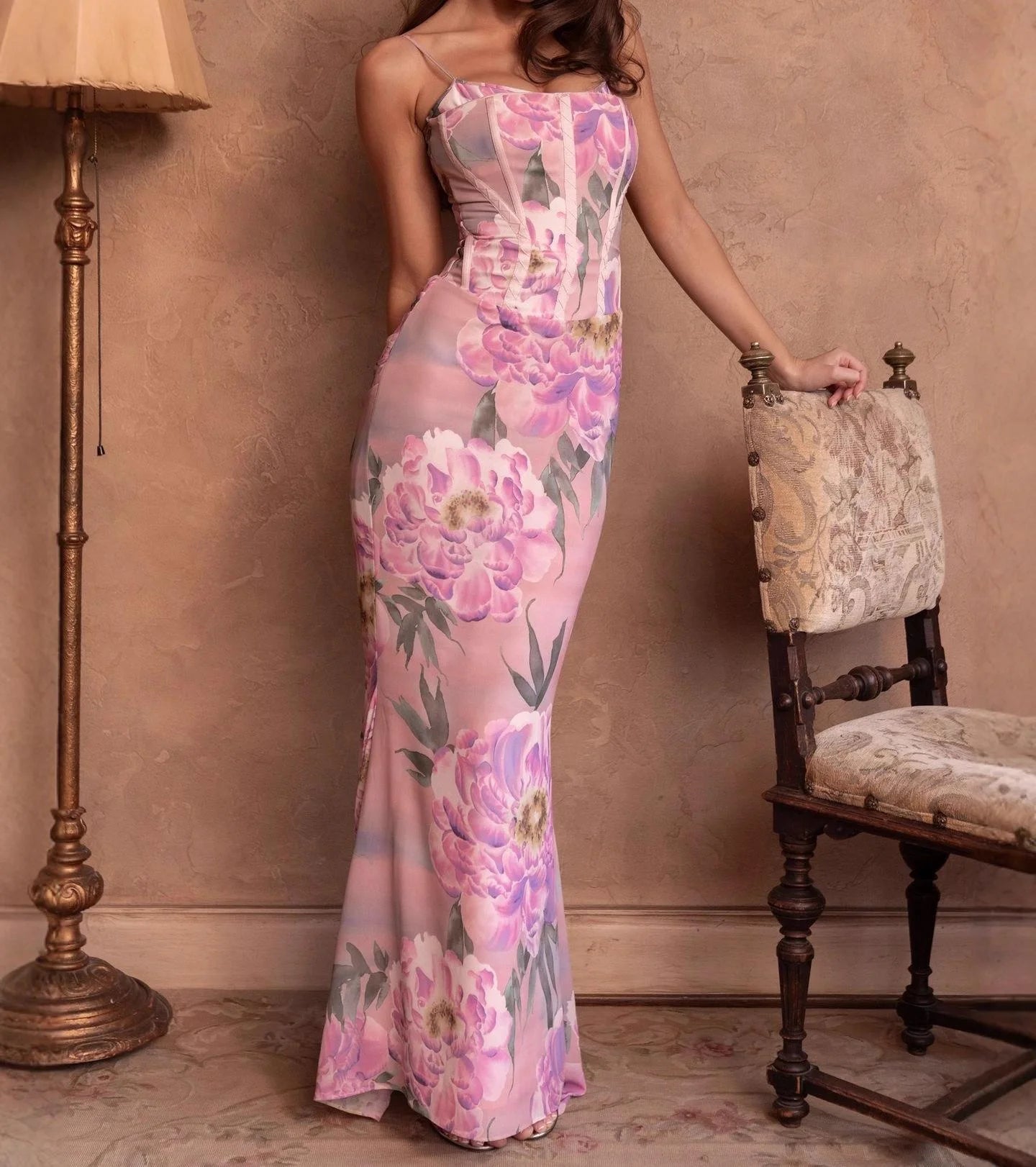 Dreamy Vintage Chiffon Sleeveless Floor Length Dress With Floral Print